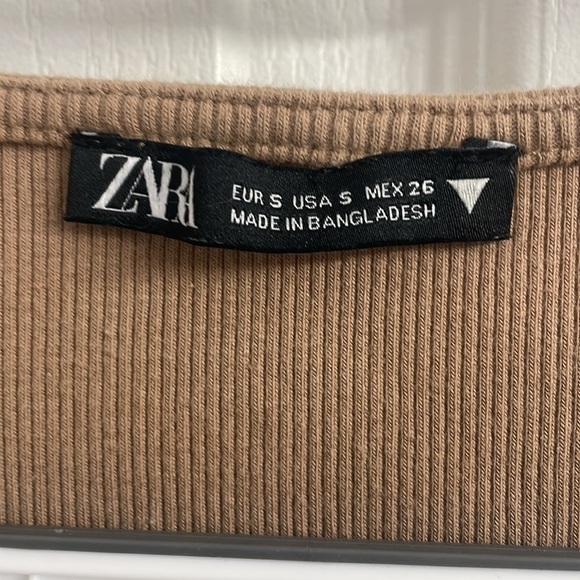 Zara Midi Bodycon Dress Ribbed Square Neck Short Sleeves Tan Size S - Picture 5 of 11